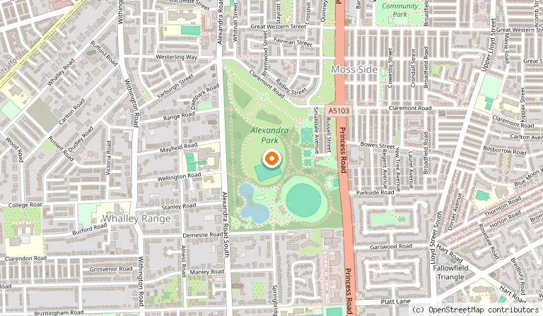 Map showing the location of Alexandra Park in Manchester