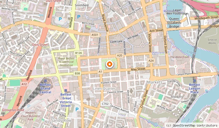 Map showing the location of Belfast City Hall in Belfast
