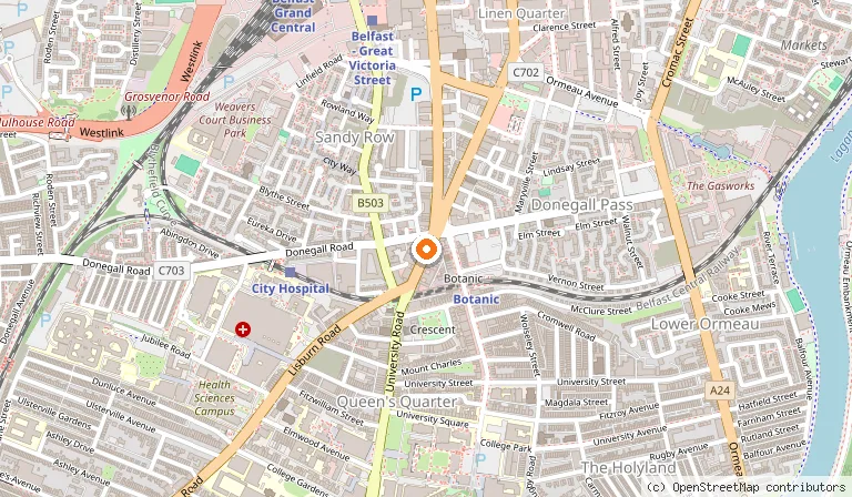 Map showing the location of Benedicts Hotel in Belfast