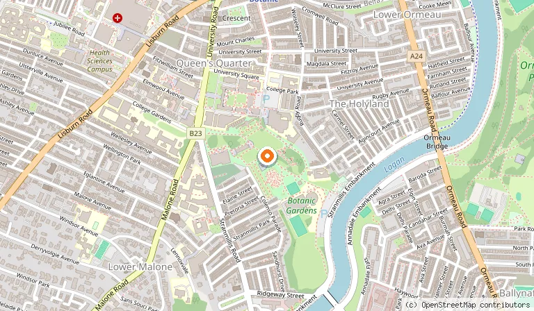 Map showing the location of Botanic Gardens in Belfast