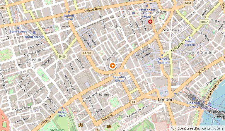 Map showing the location of Brasserie Zédel in London