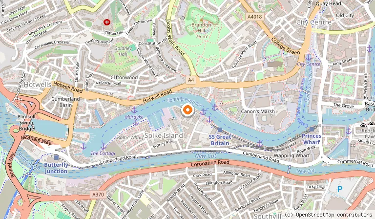 Map showing the location of Brunel's SS Great Britain in Bristol