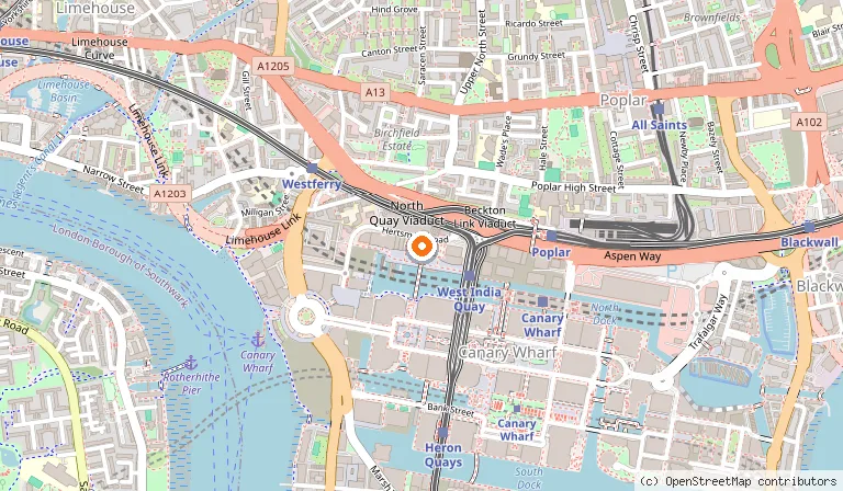 Map showing the location of Burger & Lobster - West India Quay in London
