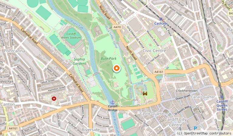 Map showing the location of Bute Park in Cardiff