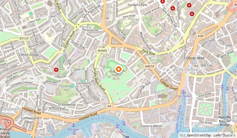 Map showing the location of Cabot Tower in Bristol