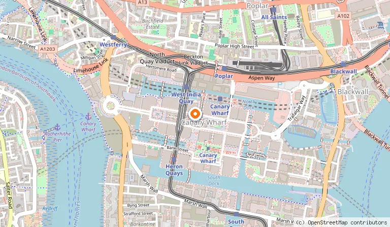 Map showing the location of Canary Wharf in London