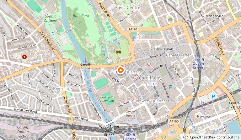 Map showing the location of Castle Quarter Arcades in Cardiff
