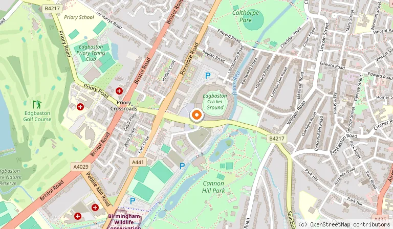 Map showing the location of Edgbaston Cricket Ground in Birmingham