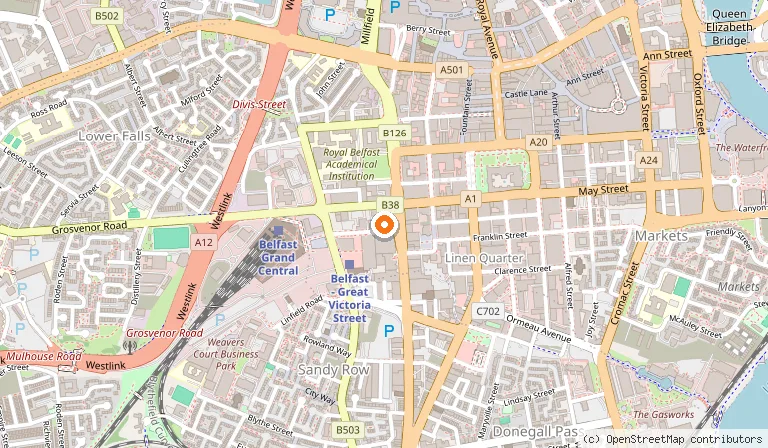 Map showing the location of Grand Opera House in Belfast