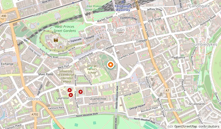 Map showing the location of Greyfriars Kirk in Edinburgh