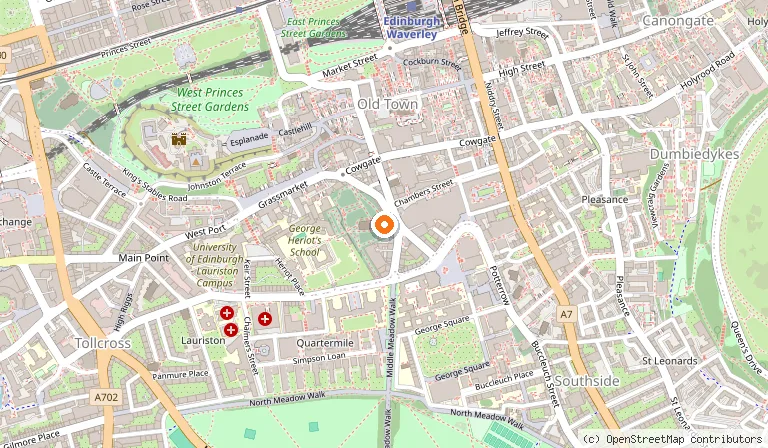 Map showing the location of Greyfriars Kirkyard in Edinburgh