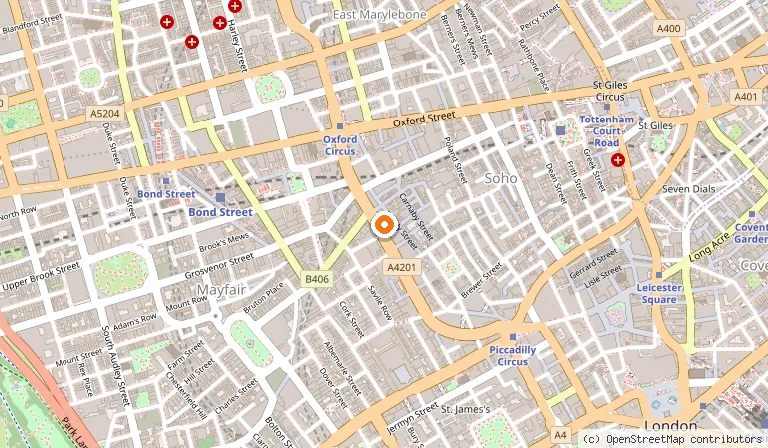 Map showing the location of Hamleys in London