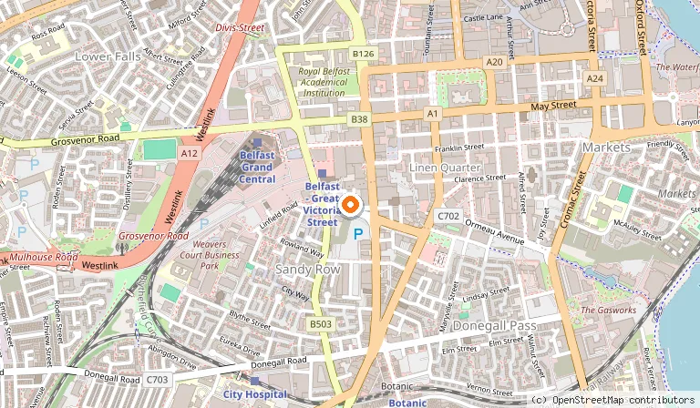 Map showing the location of Hampton by Hilton Belfast City Centre in Belfast