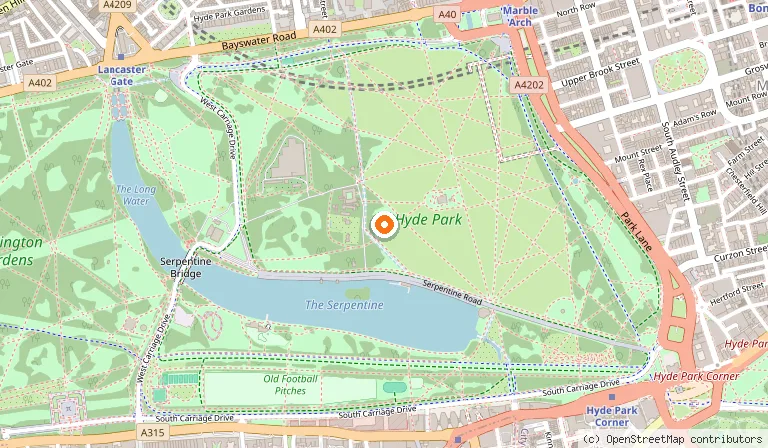 Map showing the location of Hyde Park in London
