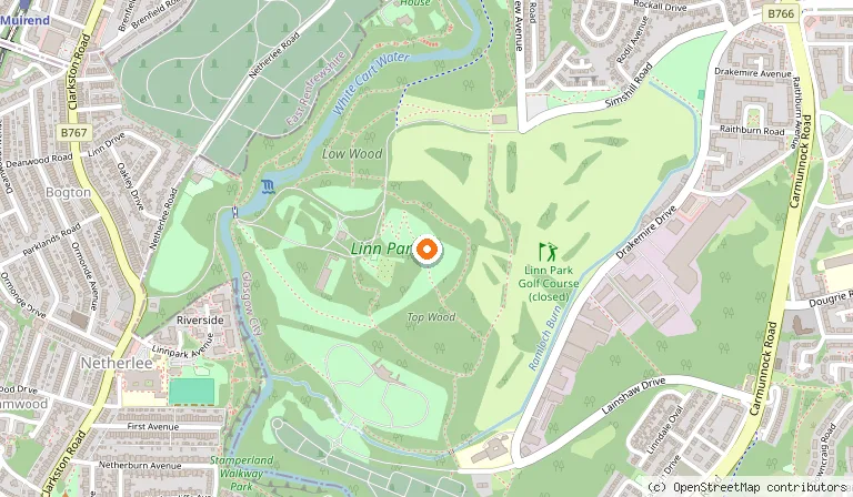 Map showing the location of Linn Park in Glasgow