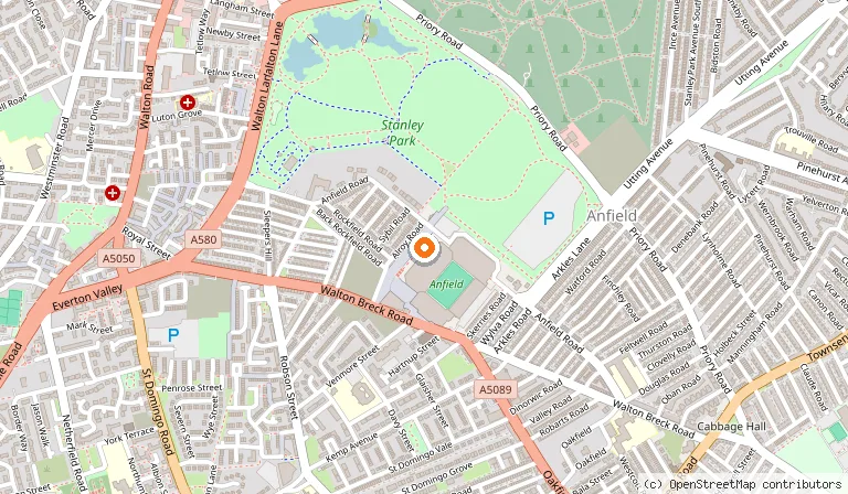 Map showing the location of Liverpool Football Club in Liverpool
