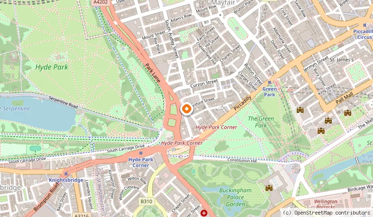 Map showing the location of London Hilton on Park Lane in London
