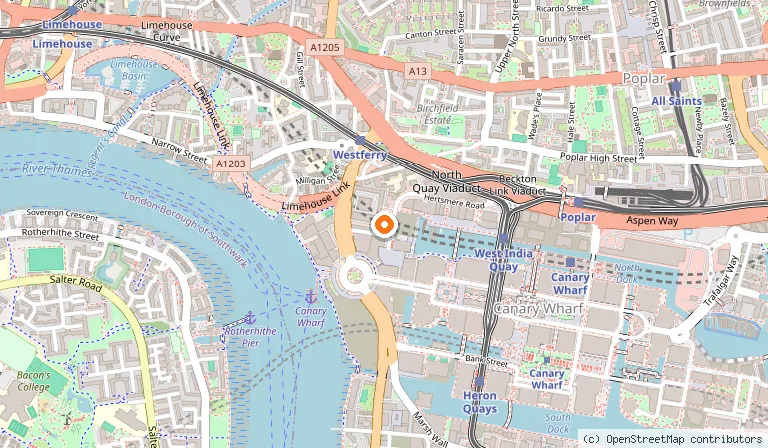 Map showing the location of London Marriott Hotel Canary Wharf in London