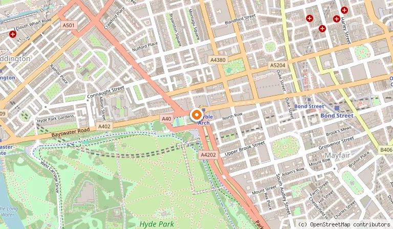Map showing the location of Marble Arch in London