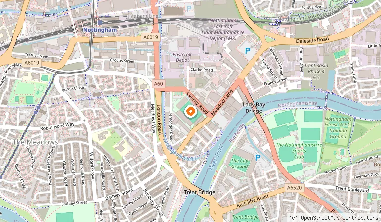 Map showing the location of Meadow Lane in Nottingham