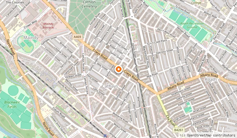 Map showing the location of Mina Restaurant in Cardiff