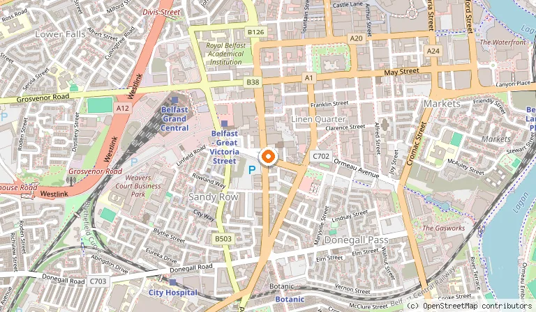 Map showing the location of Nu Delhi Restaurant Lounge in Belfast