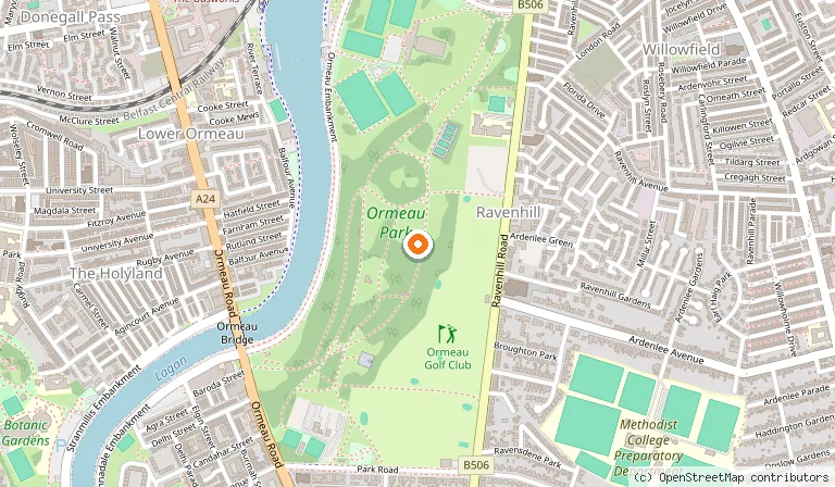 Map showing the location of Ormeau Park in Belfast