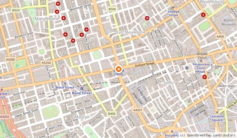 Map showing the location of Oxford Street in London