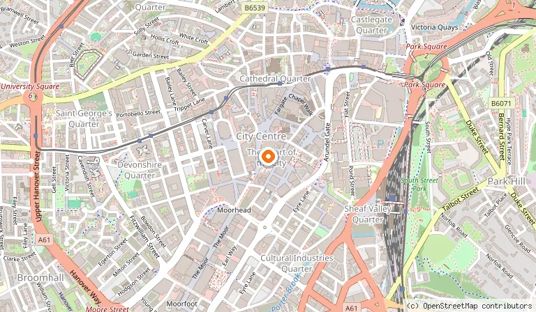 Map showing the location of Peace Gardens in Sheffield