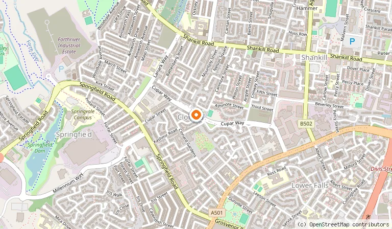 Map showing the location of Peace Wall Belfast in Belfast