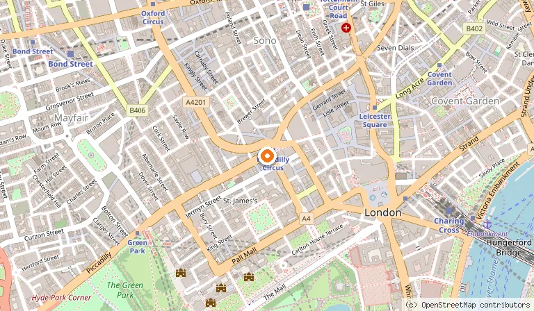 Map showing the location of Piccadilly Circus in London