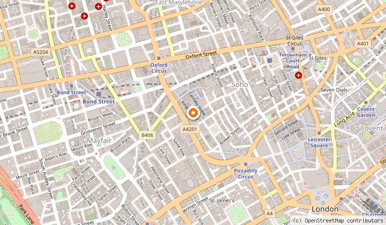 Map showing the location of Pizza Pilgrims Carnaby in London