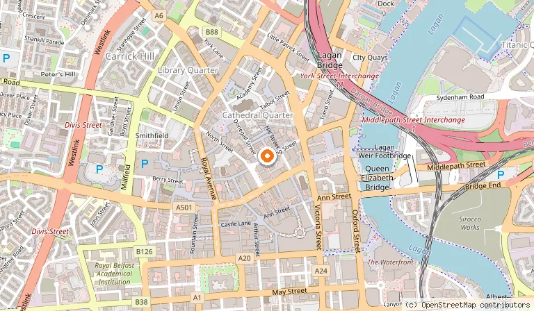 Map showing the location of Premier Inn Belfast City Cathedral Quarter hotel in Belfast