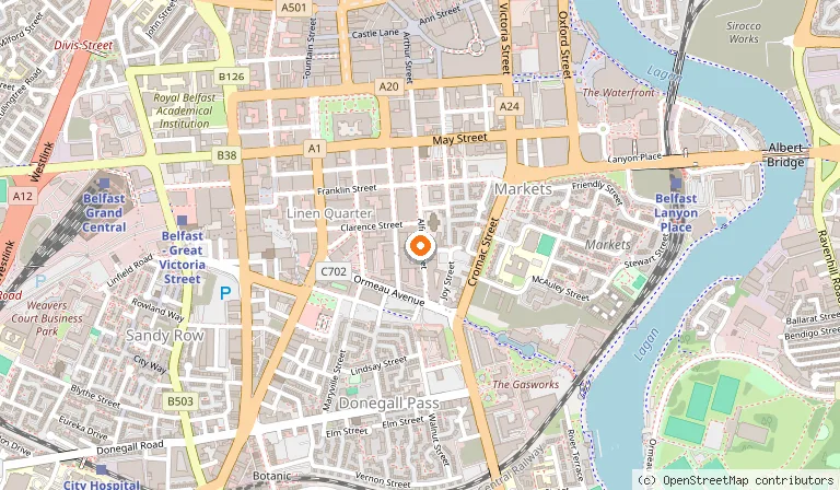 Map showing the location of Premier Inn Belfast City Centre (Alfred Street) hotel in Belfast