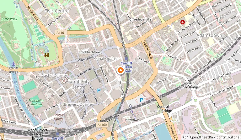Map showing the location of Premier Inn Cardiff City Centre (Queen Street) hotel in Cardiff