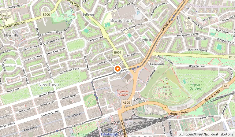Map showing the location of Premier Inn Edinburgh City Centre (Princes Street) hotel in Edinburgh