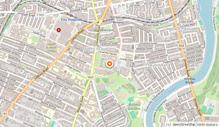 Map showing the location of Queen's University Belfast in Belfast