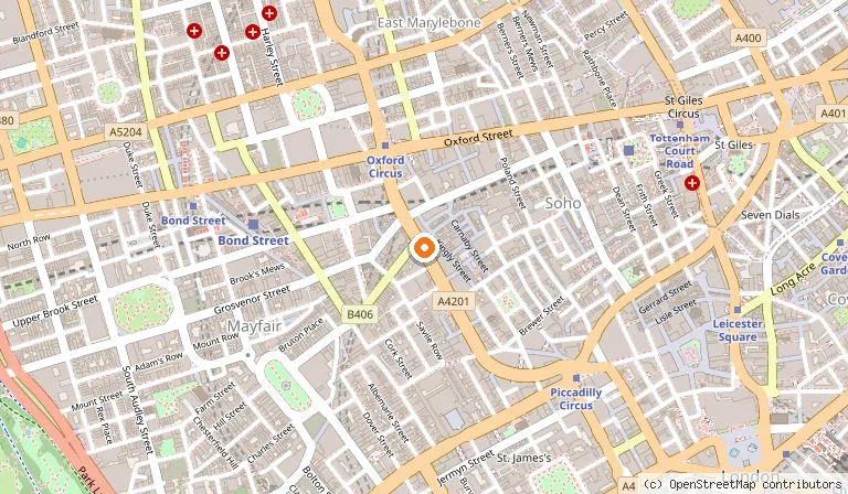 Map showing the location of Regent Street in London