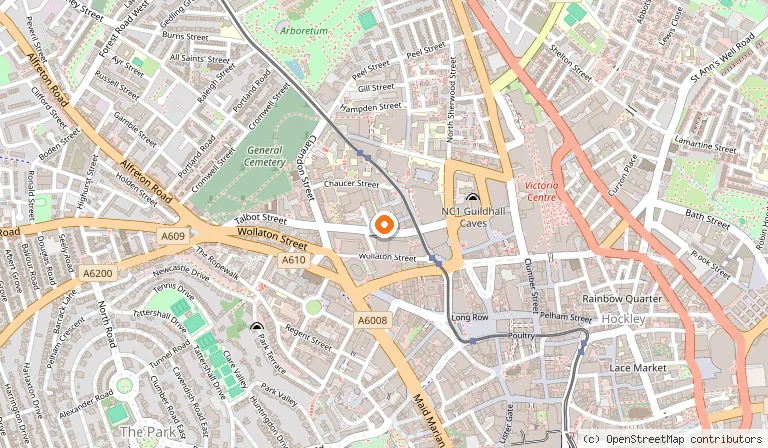 Map showing the location of Rock City in Nottingham