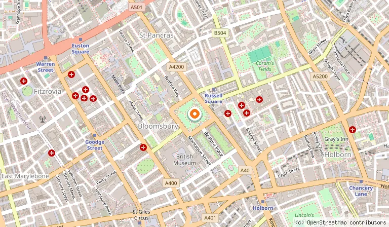Map showing the location of Russell Square in London