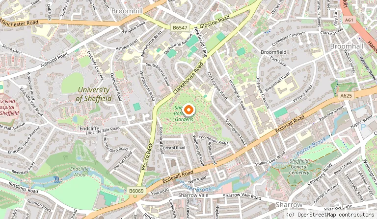 Map showing the location of Sheffield Botanical Gardens in Sheffield