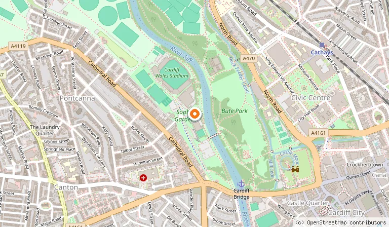 Map showing the location of Sophia Gardens in Cardiff