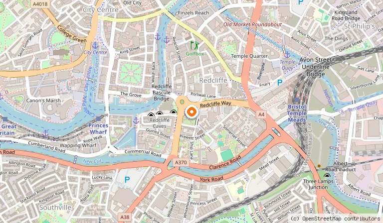 Map showing the location of St Mary Redcliffe Church in Bristol