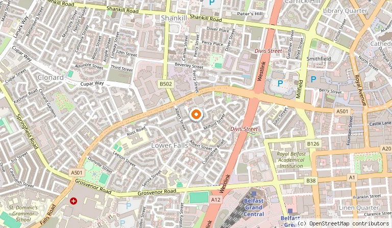 Map showing the location of St Peter's Cathedral, Belfast in Belfast