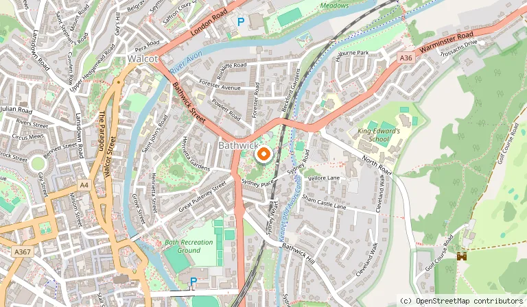 Map showing the location of Sydney Gardens in Bath