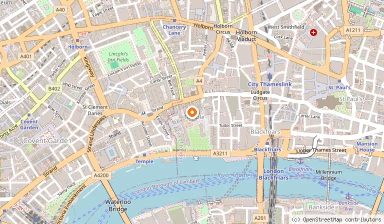 Map showing the location of Temple Church in London