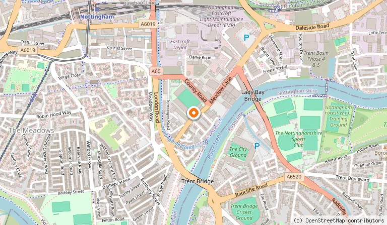 Map showing the location of The City Ground in Nottingham