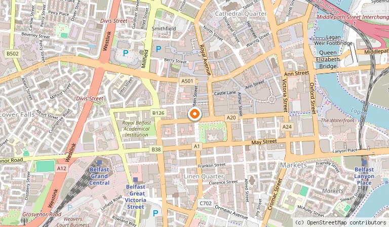 Map showing the location of The Linen Hall in Belfast