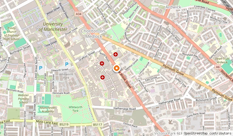 Map showing the location of Travelodge Manchester Upper Brook Street in Manchester