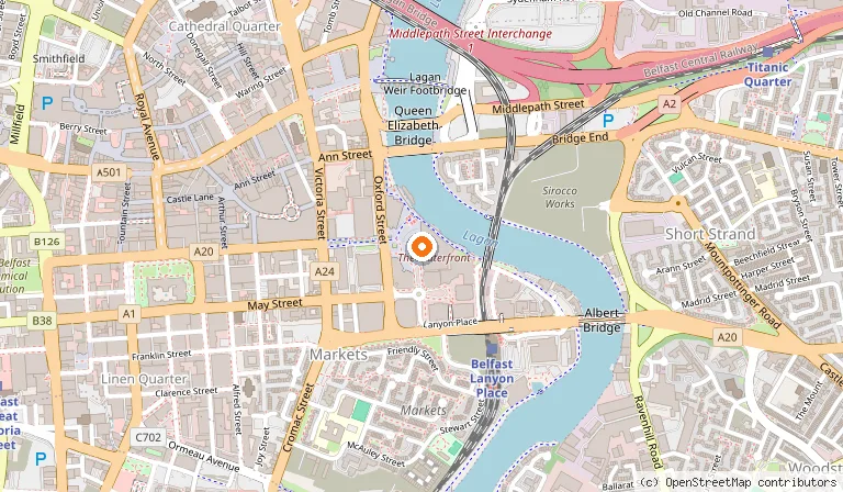 Map showing the location of Waterfront Hall in Belfast